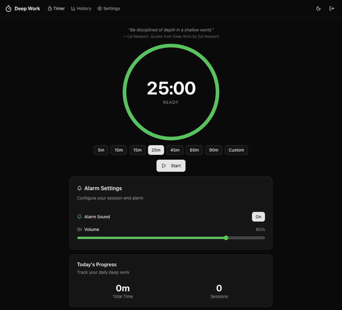 Deep Work Timer showing a 25-minute session ready to start, with alarm settings and daily progress below
